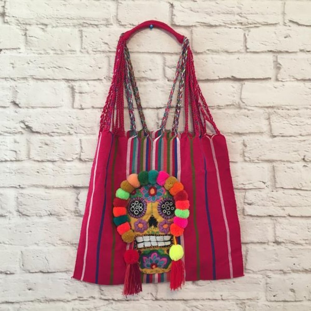 Handmade Embroidered Mexican Sugar Skull Tote Bag